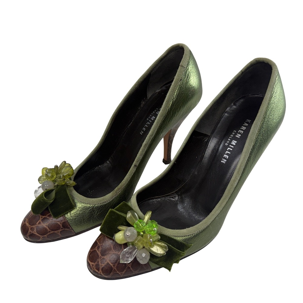Karen Millen Green Metallic Crocodile Embossed Heels Size 37.5 US 6.5 Velvet Bow
